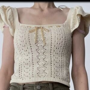 haute hippie style Cream knit top Sz XL 100% Cotton Ruffled Sleeves